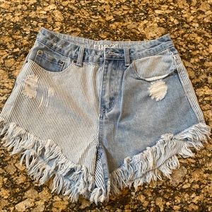 Half Striped Denim Shorts with distressed hem
